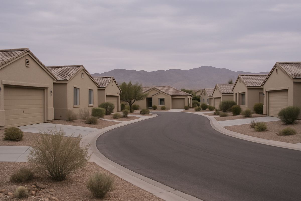 Cul-de-sac of stucco homes with mountains in the distance