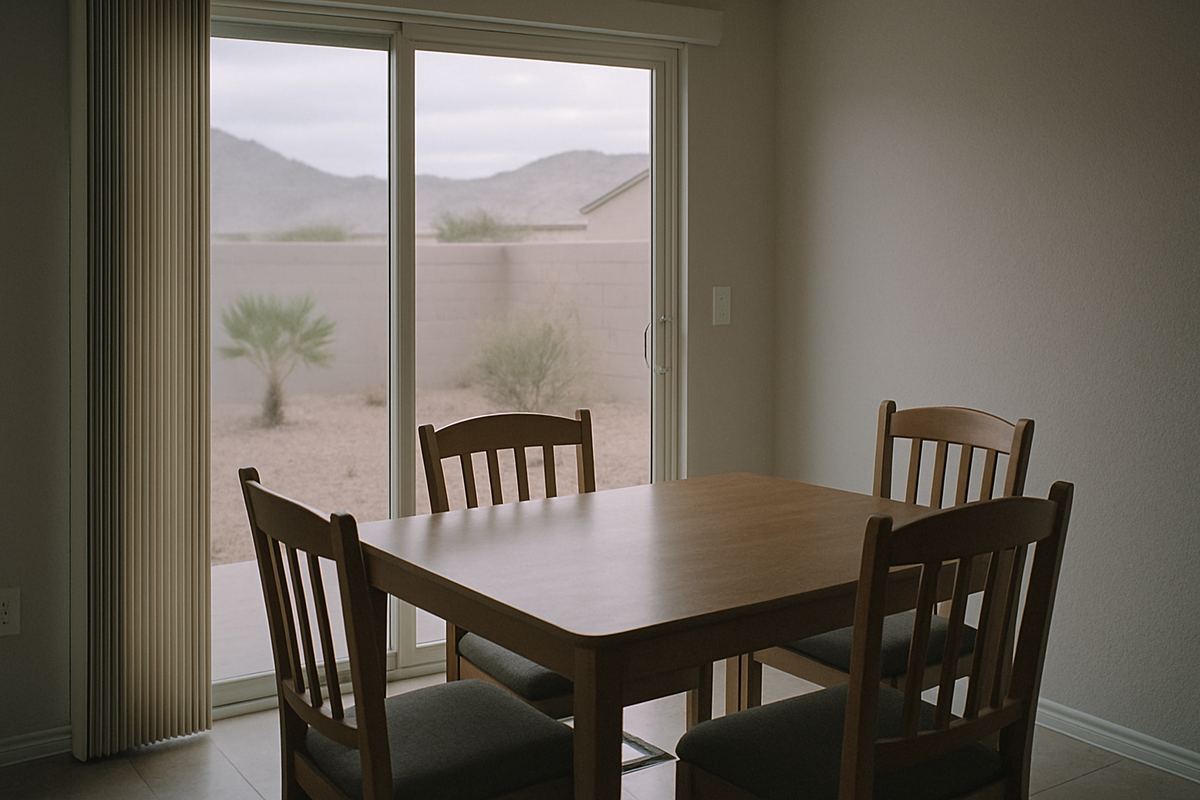 Empty dining table beside a sliding glass door