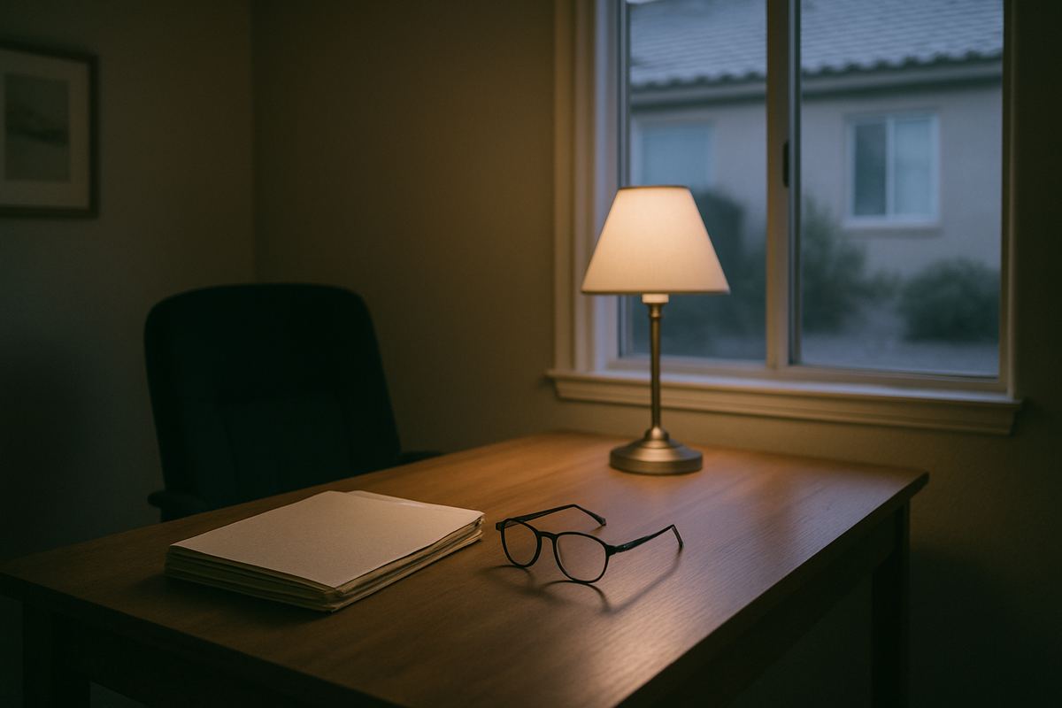 Home office desk with a folder and lamp in Las Vegas