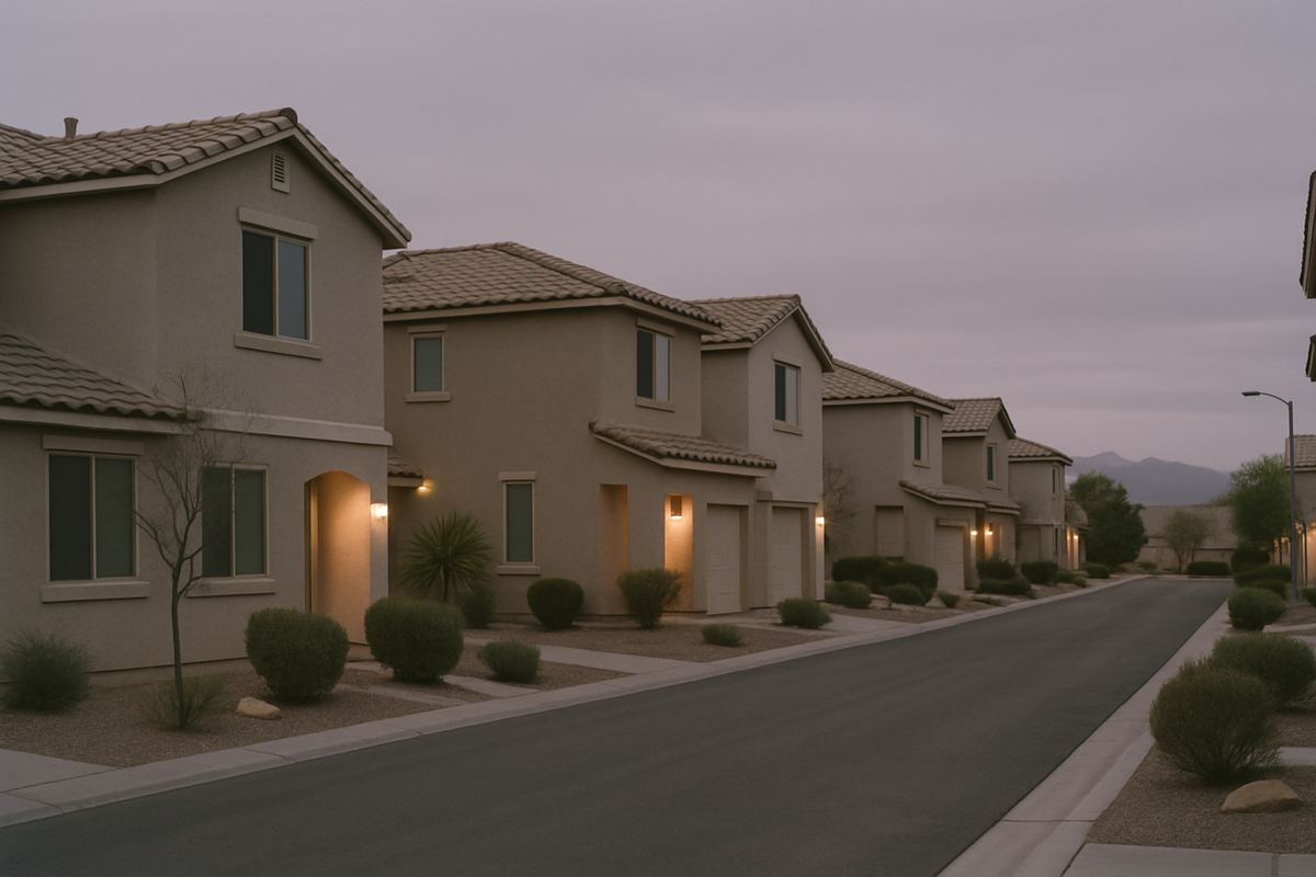 Stucco two-story homes at dusk on a Las Vegas street