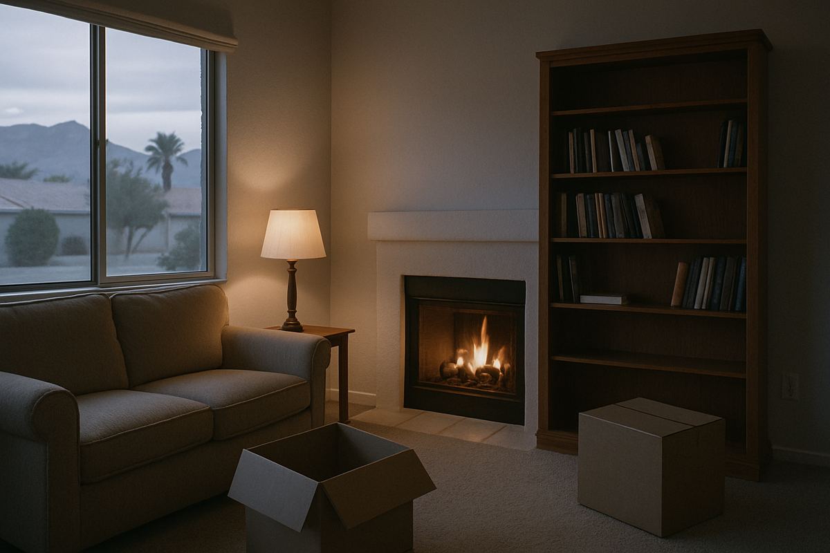 Living room with a half-packed bookshelf