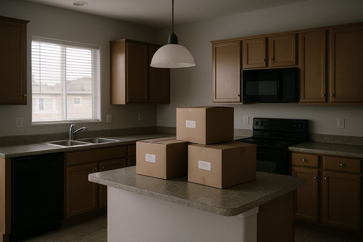 Kitchen with packing boxes on the counter