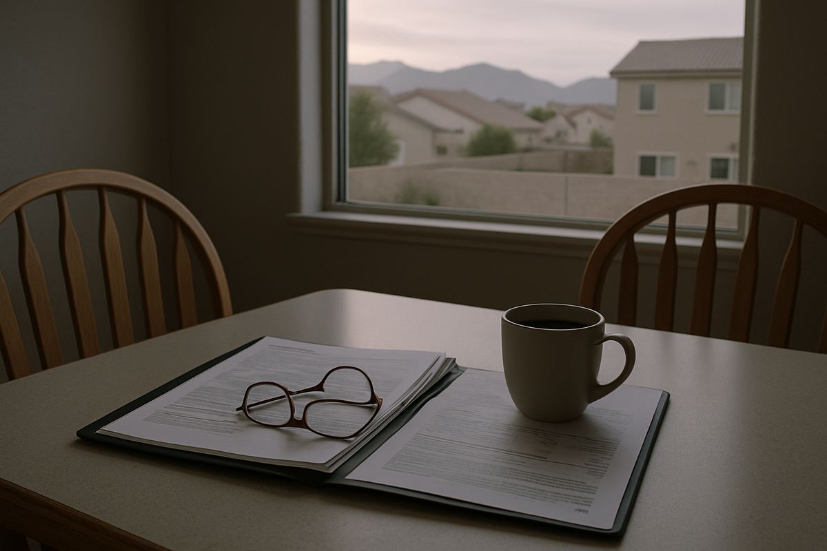 Kitchen table with mortgage statements and a coffee cup
