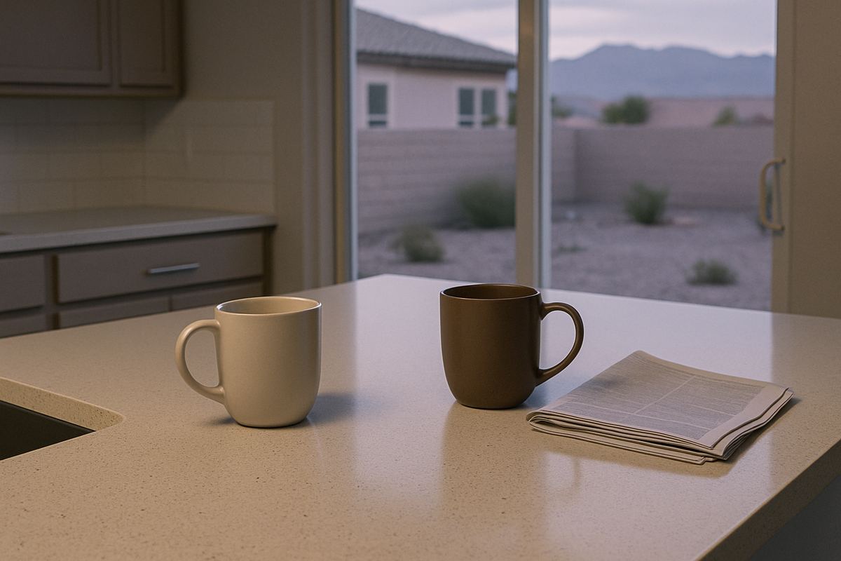 Two mugs and paperwork on a kitchen counter