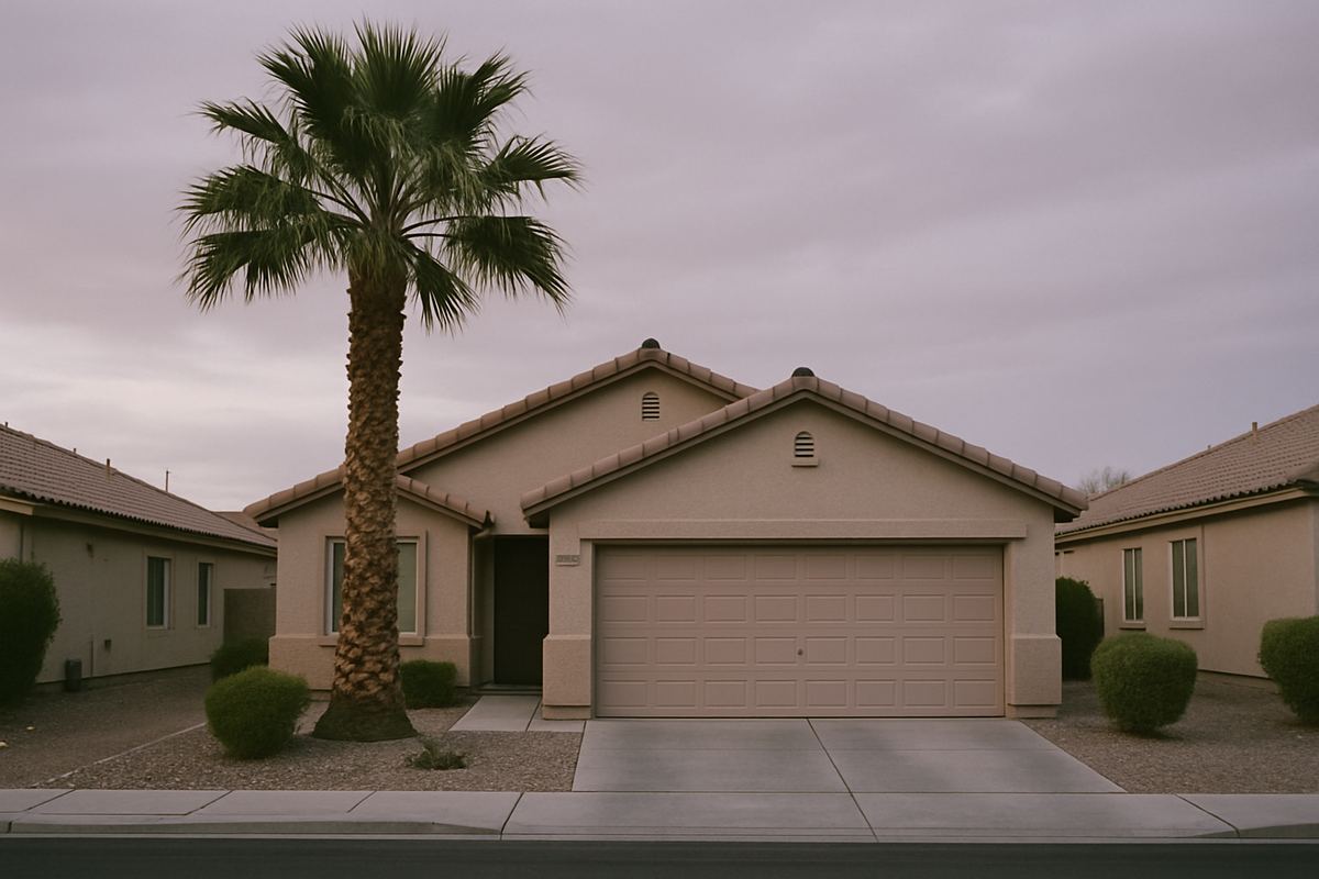 Single-story stucco home with a palm tree at golden hour