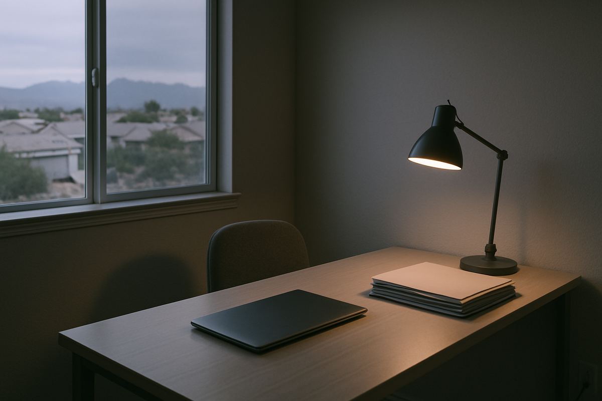 Quiet home office with folders and a desk lamp
