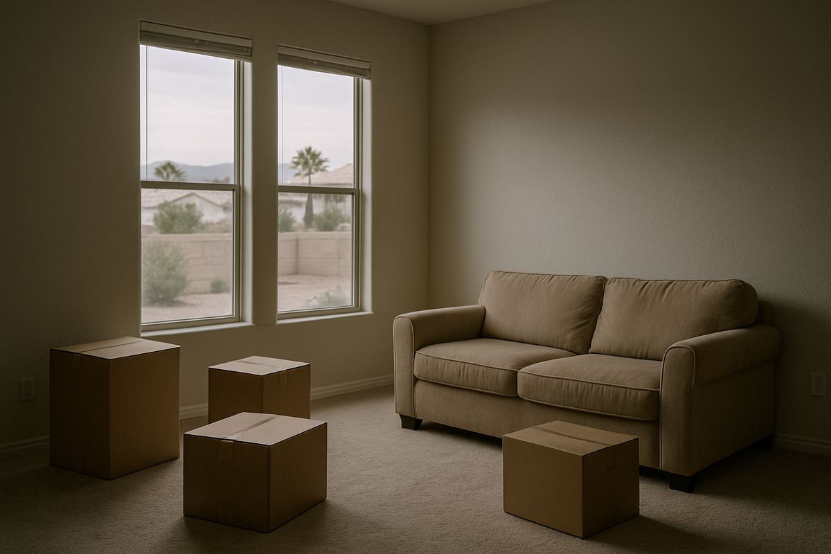 Partly packed living room with moving boxes