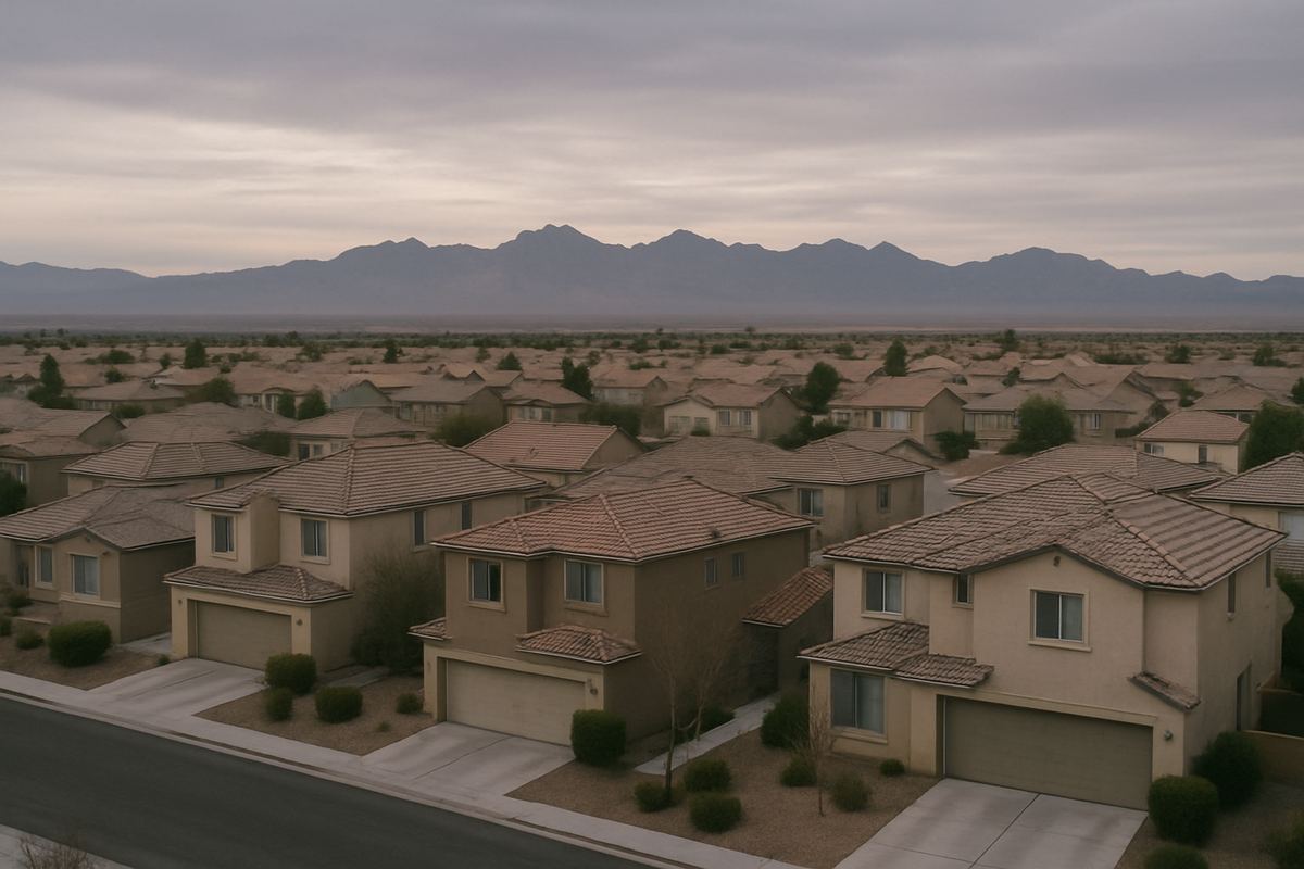 Rows of stucco homes in a Las Vegas Valley suburb at dusk