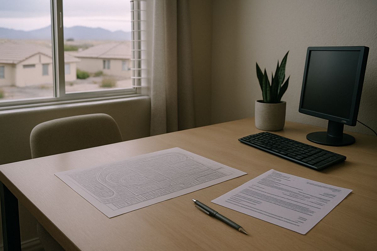 Desk with a neighborhood map and property paperwork