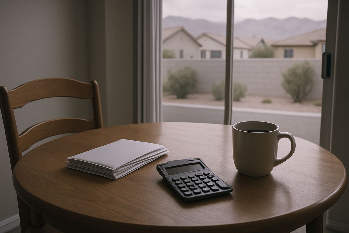 Calculator and stacked mail on a Las Vegas kitchen table