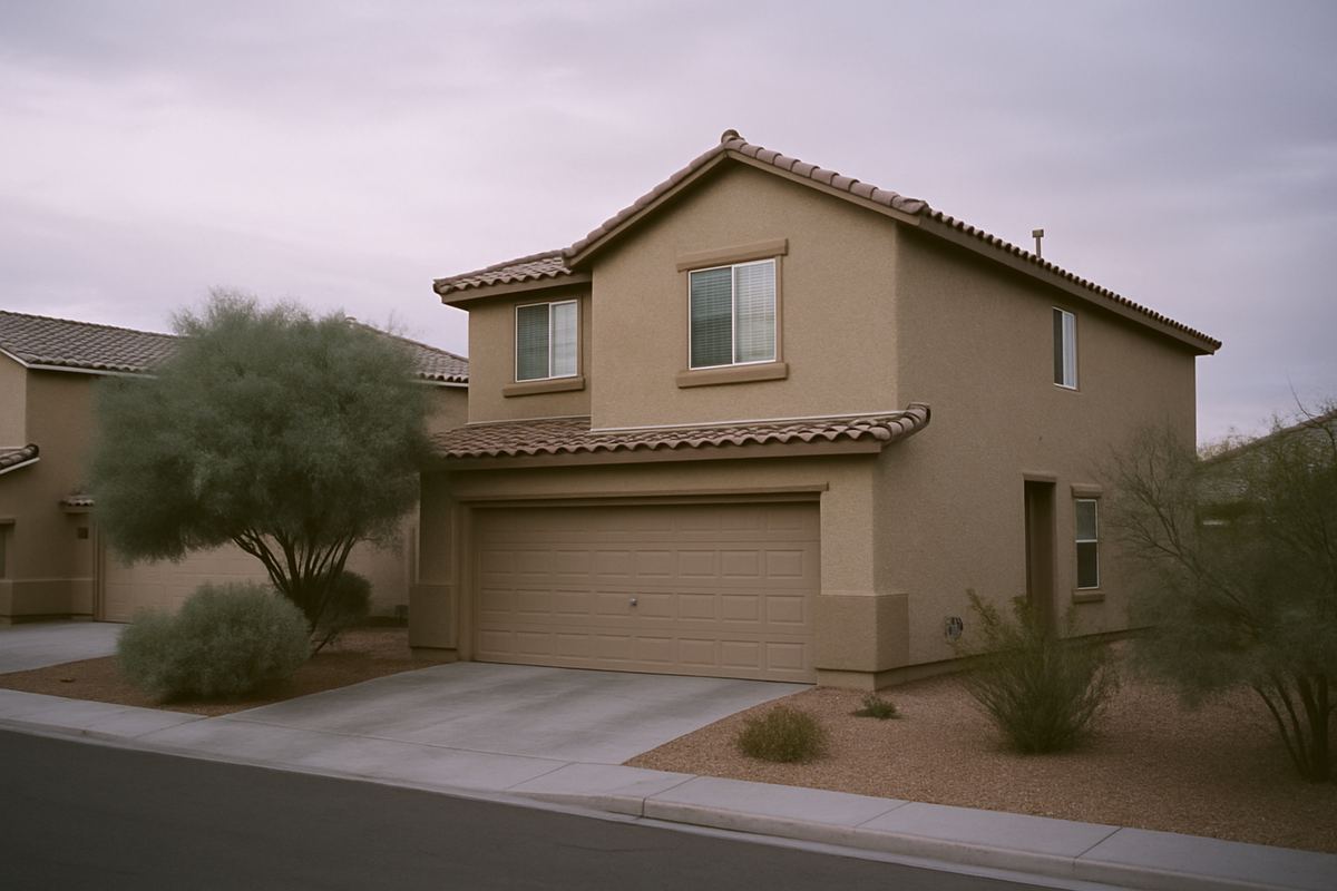 Stucco two-story home at dusk in a Las Vegas neighborhood