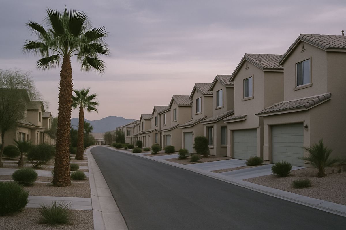 Quiet suburban street of stucco homes in early evening