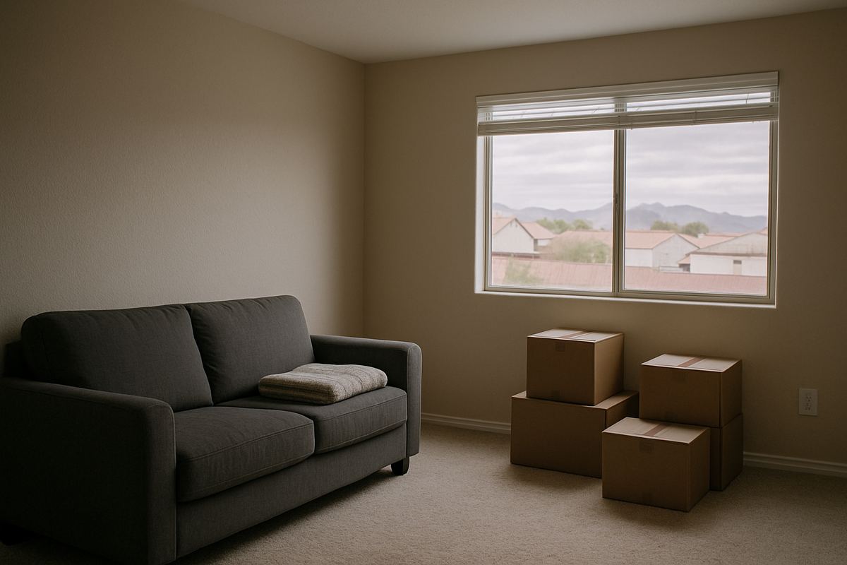 Half-empty living room with packed boxes in Las Vegas