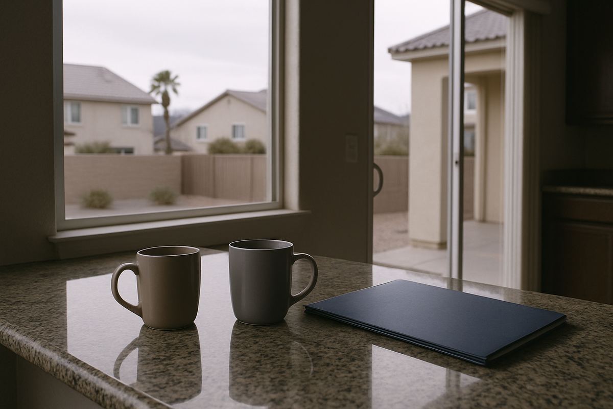 Two mugs and a folder on a kitchen counter