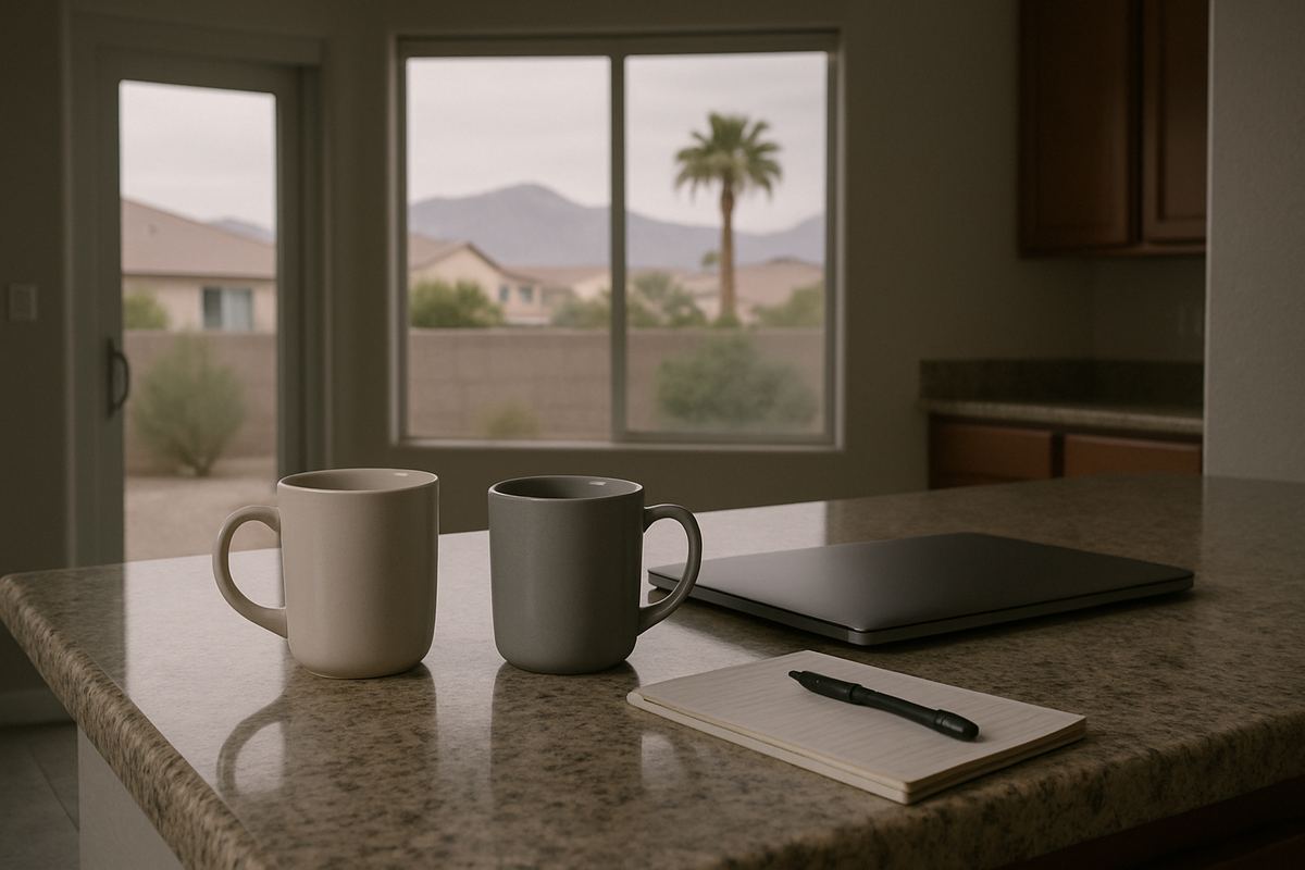 Coffee mugs, laptop and notepad on a kitchen counter