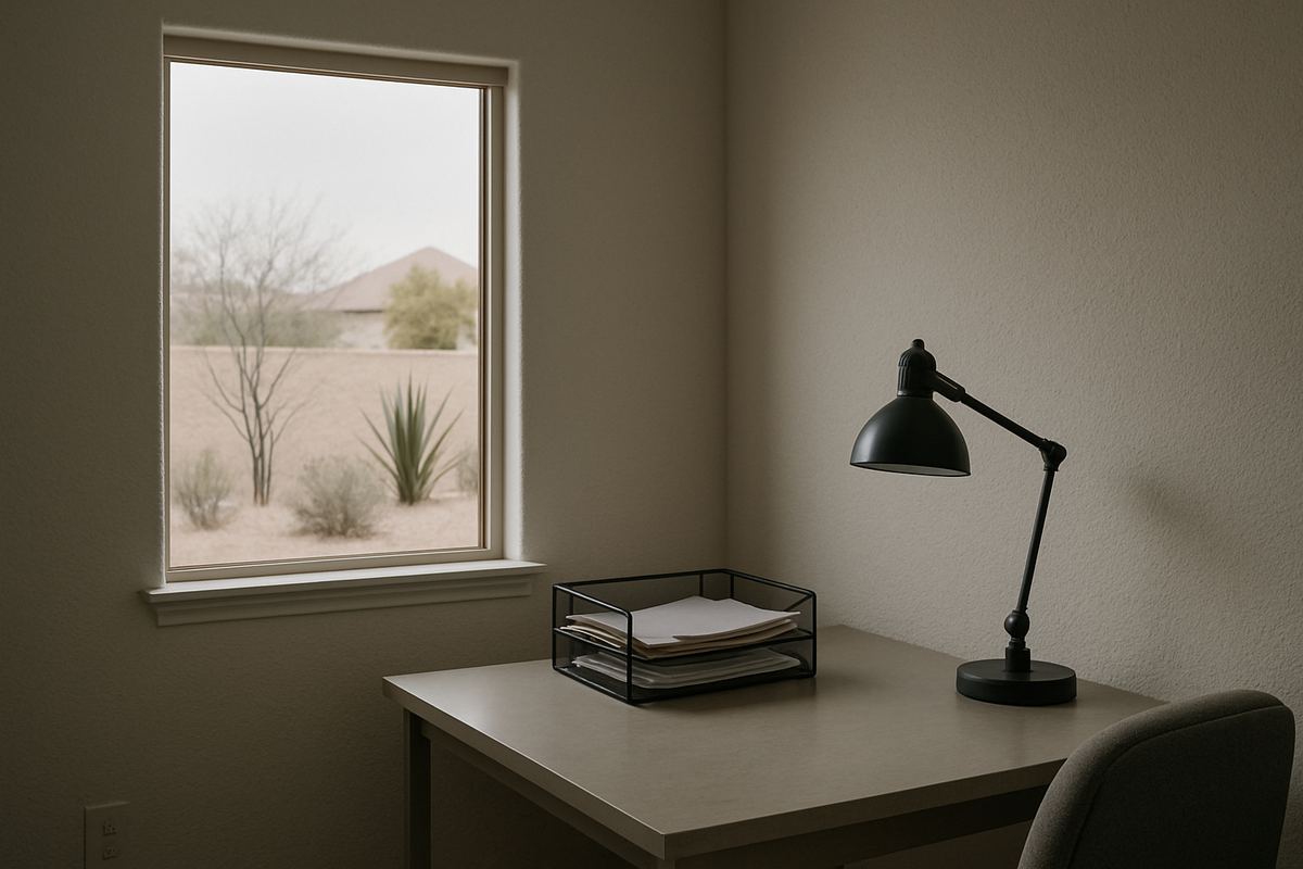 Home office corner with a tray of paperwork