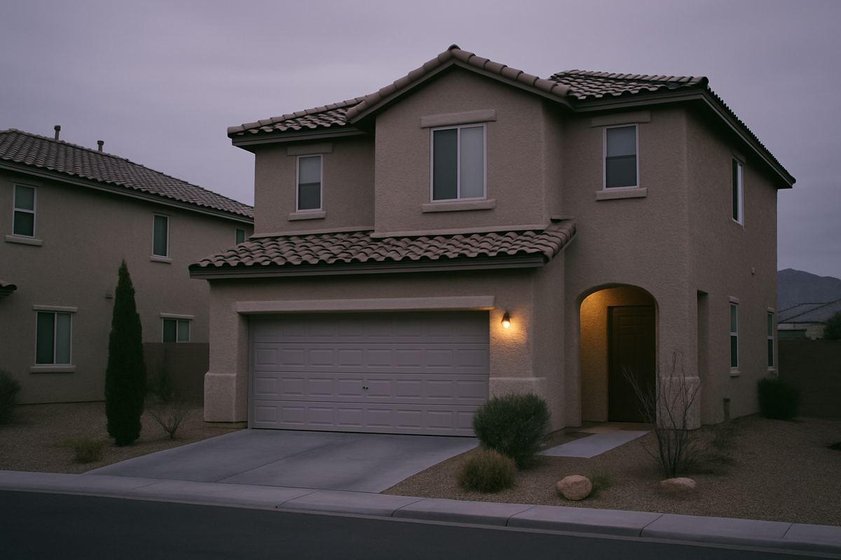 Stucco two-story home at dusk in a quiet Las Vegas neighborhood