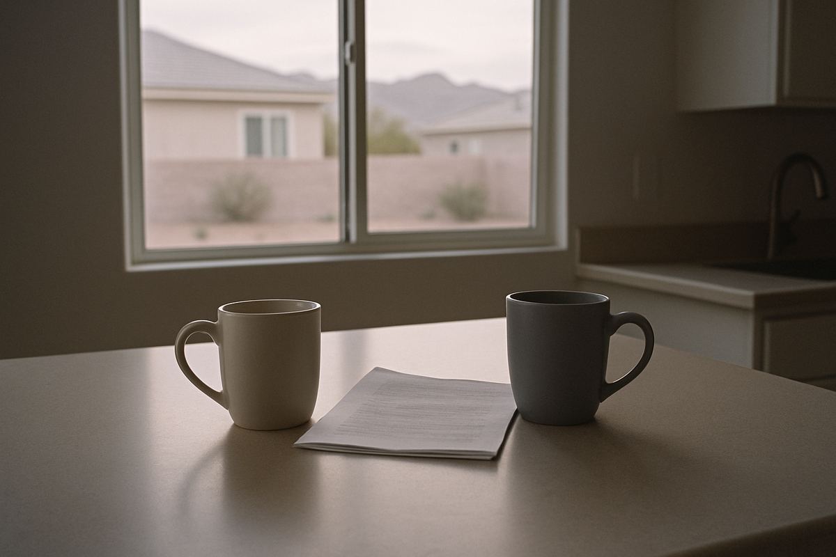 Two coffee mugs and a folded document on a kitchen counter