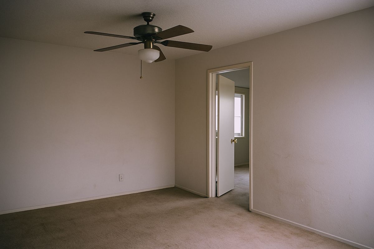 Dated empty room with worn carpet in a Las Vegas home