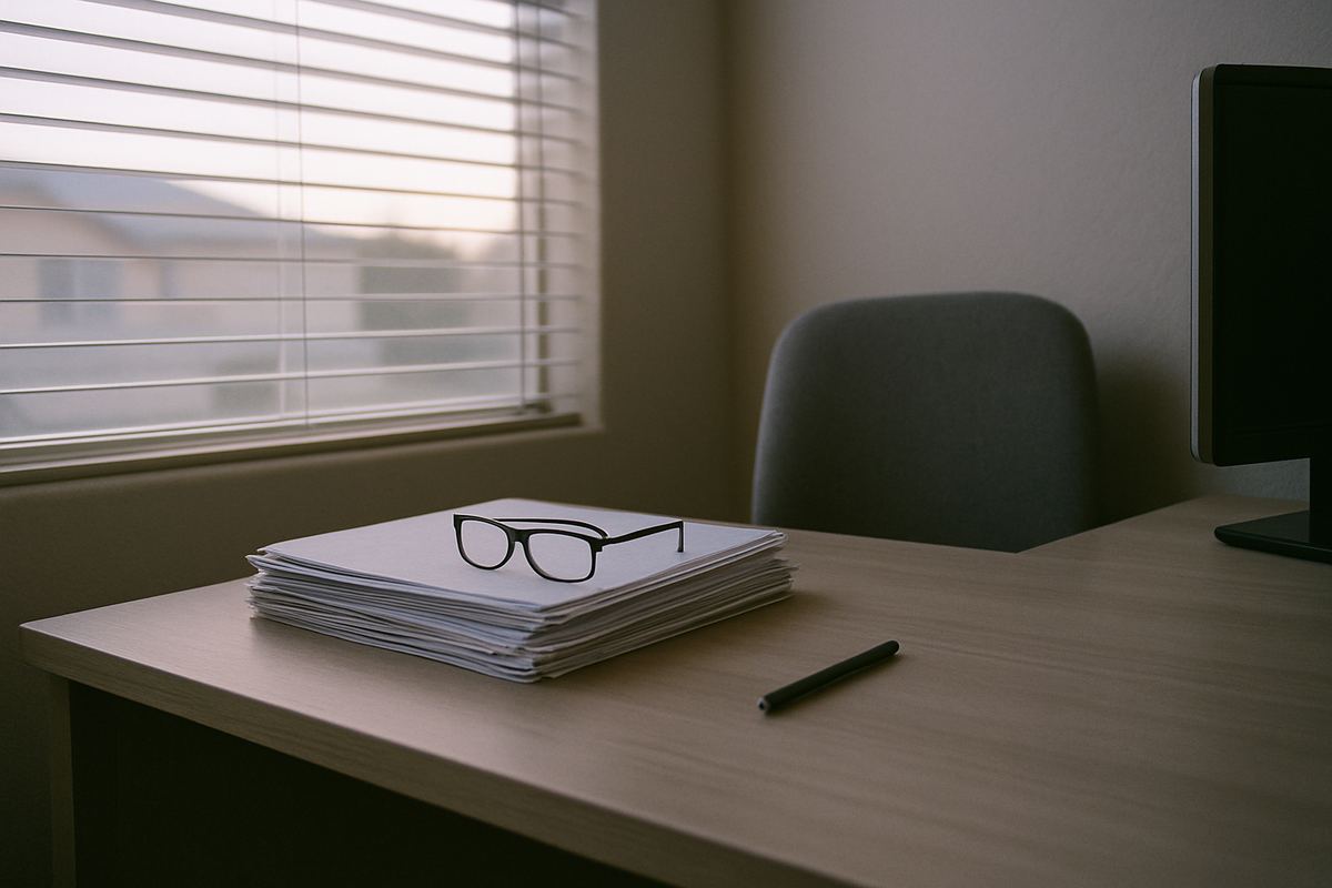 Home office desk with stacked paperwork and a pen
