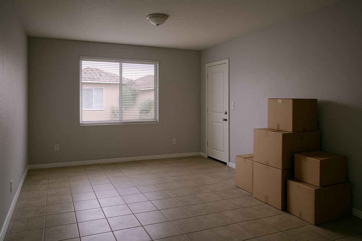 Half-empty living room with moving boxes