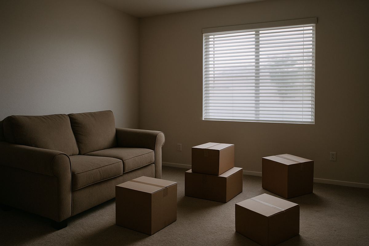 Half-empty Las Vegas living room with stacked moving boxes