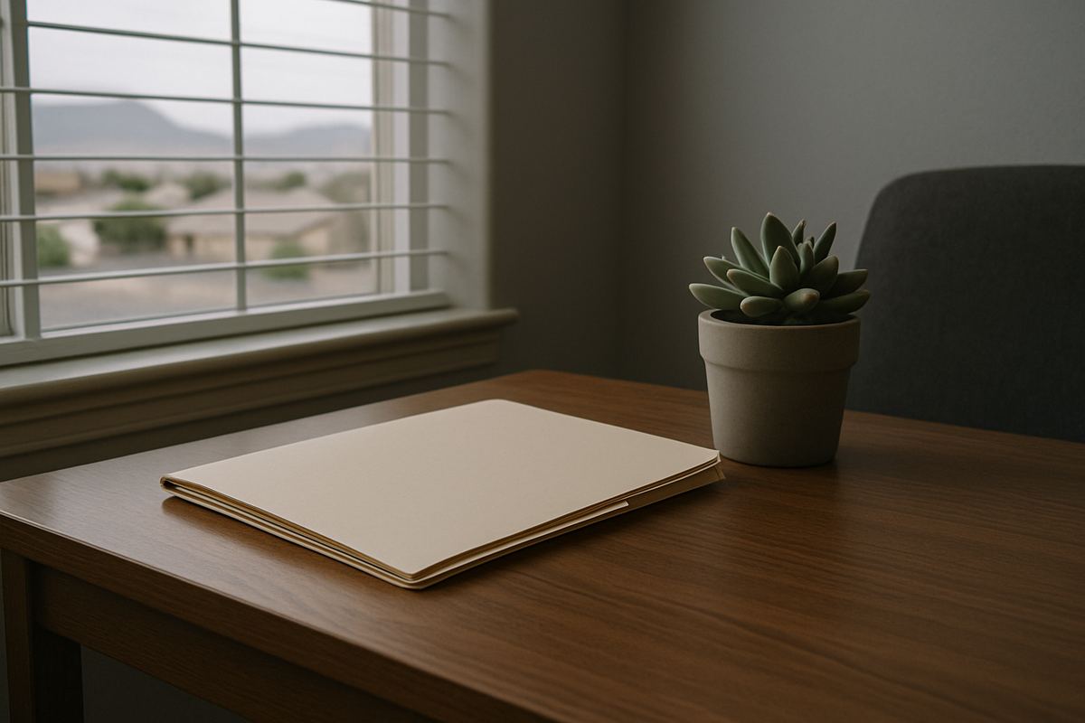 Closed file folder on a desk beside a succulent