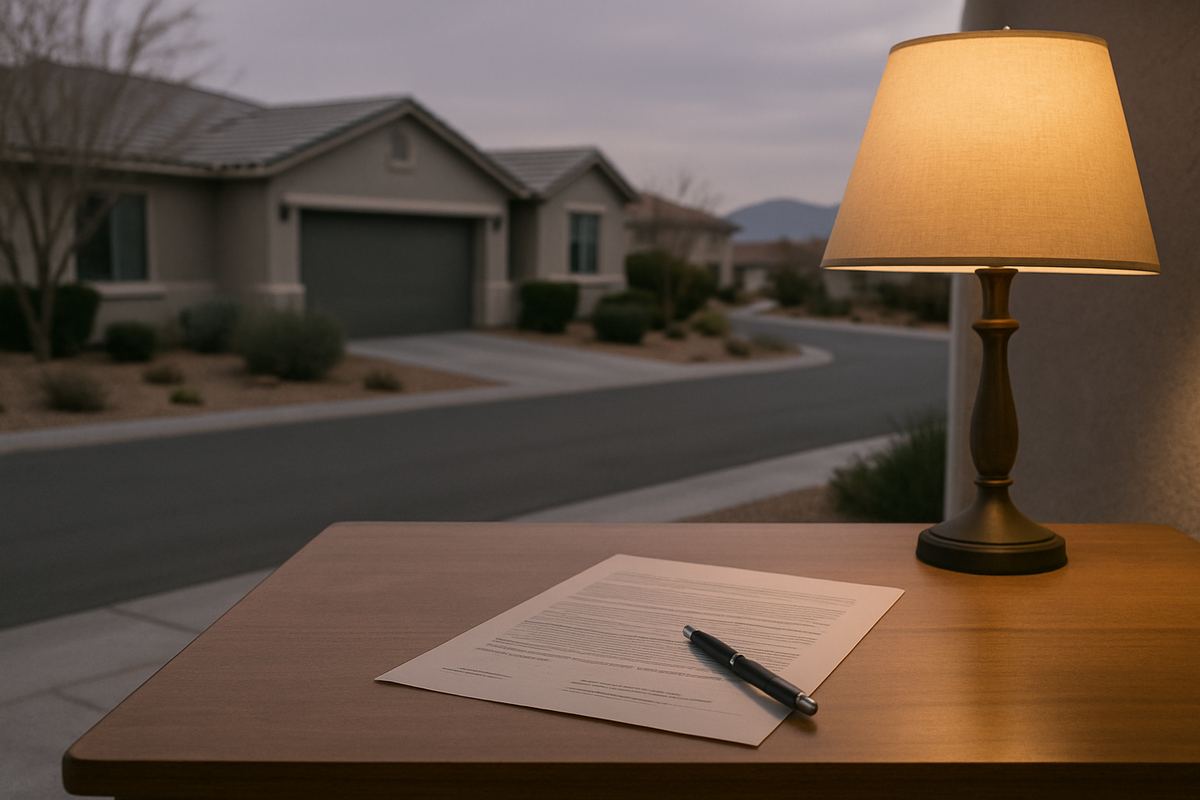 Pen resting on a document on a wooden table