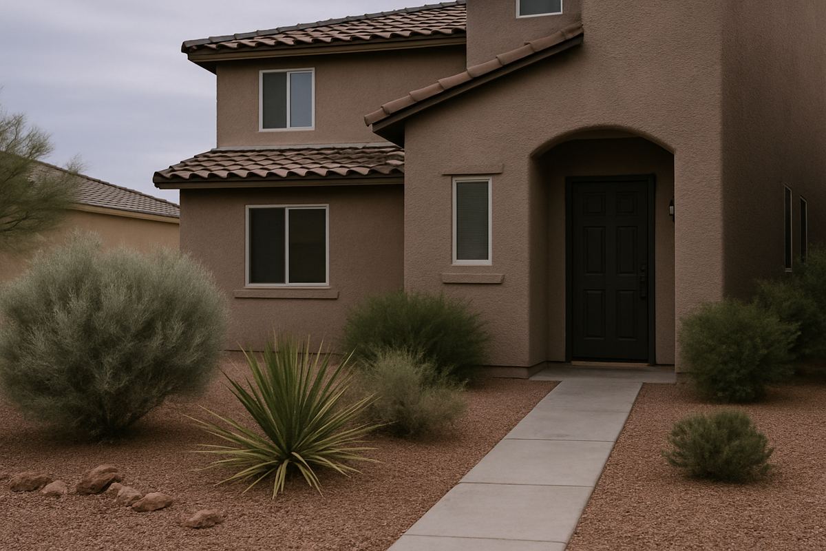 Front walkway of a stucco home in late afternoon